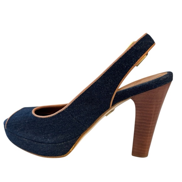 UGG Slingback Pumps Heels Peep Toe Shoe Blue Denim Brown Leather Womens Size 6.5 - Picture 5 of 12